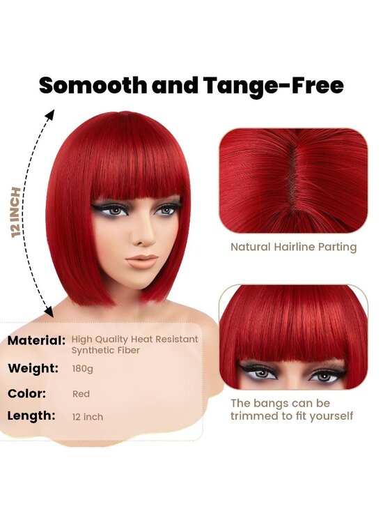 Women Red Heat Resistant Synthetic Bob Party Neon Wig Bangs 12 Inch